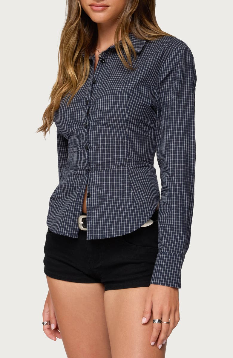 EDIKTED Lisbet Check Button-Up Lace-Up Shirt, Alternate, color, Navy