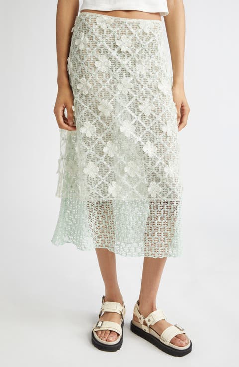 Lunies Floral Appliqué Sheer Lace Midi Skirt