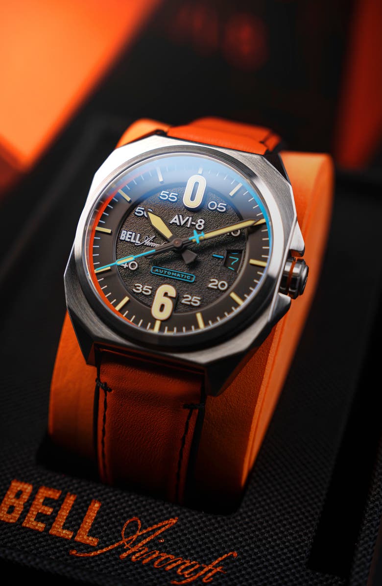 AVI-8 Bell X-1 Machbuster Automatic Leather/Rubber Strap Watch, 41mm, Alternate, color, Black/ Orange
