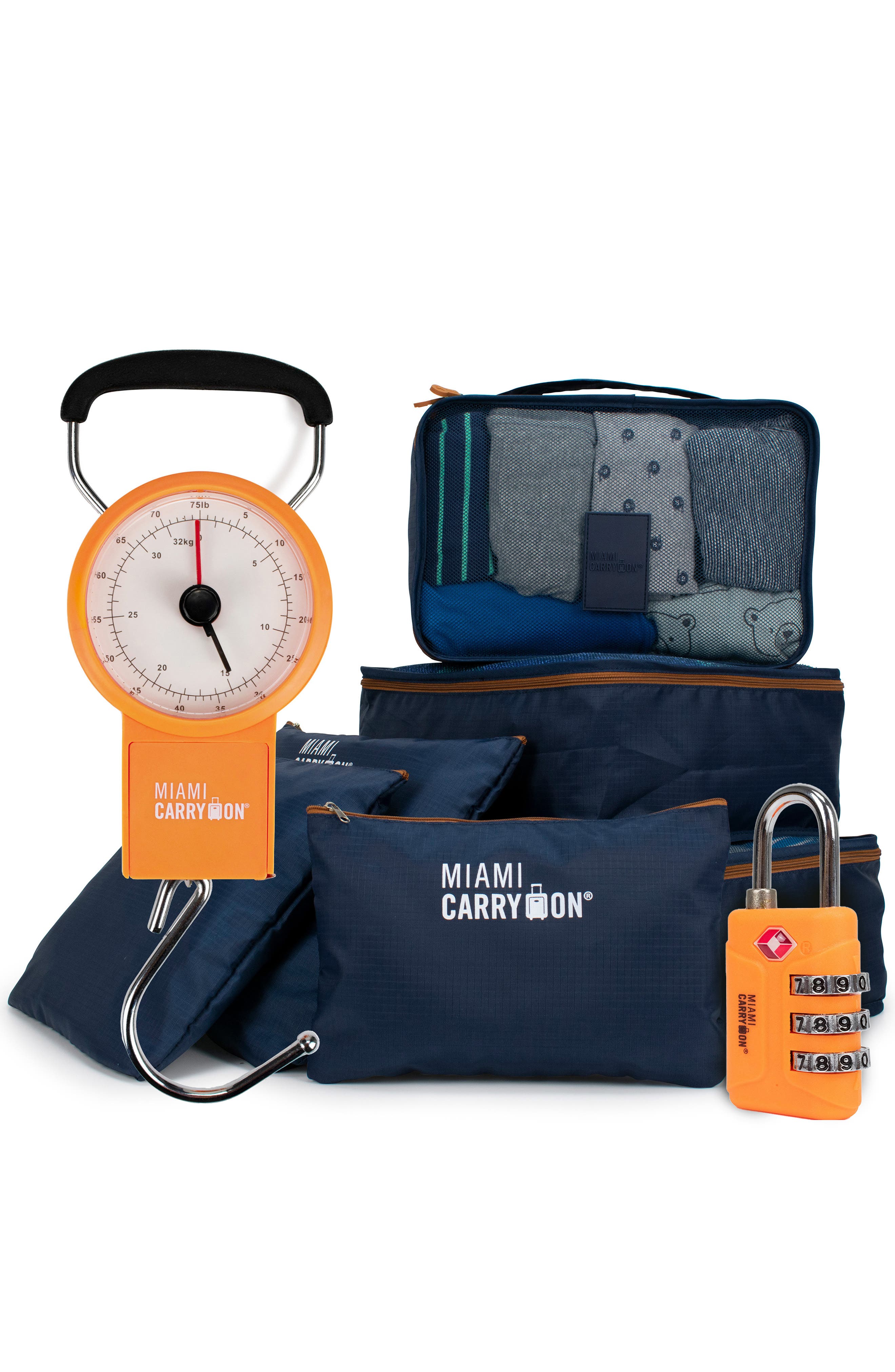 Miami Carry On Essential Organizational 8 Piece Travel Kit in Navy/orange 