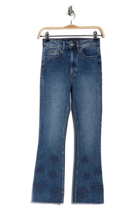 Floral Embroidered Raw Hem Crop Flare Leg Jeans
