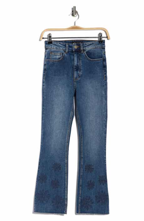 Desigual Floral Embroidered Raw Hem Crop Flare Leg Jeans