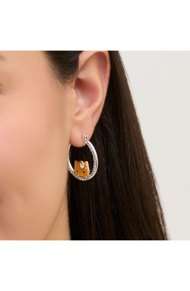 Hello Kitty Tri-Color Pop Up White Sapphire Hoop Earrings, Alternate, color, Gold/Silver