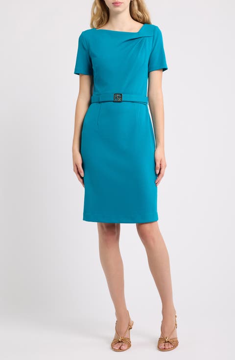 Asymmetric Neck Scuba Crepe Sheath Dress