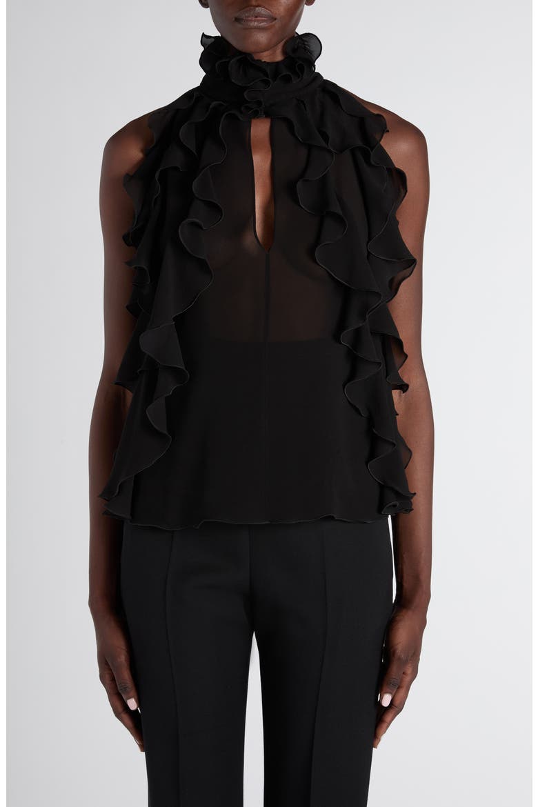 High Neck Ruffle Silk Georgette Top, Main, color, BLACK