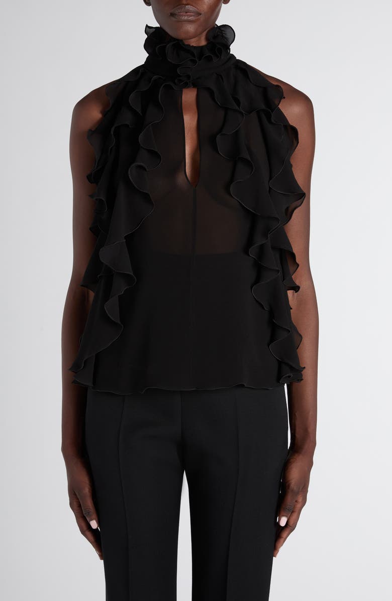 McQueen High Neck Ruffle Silk Georgette Top, Main, color, Black