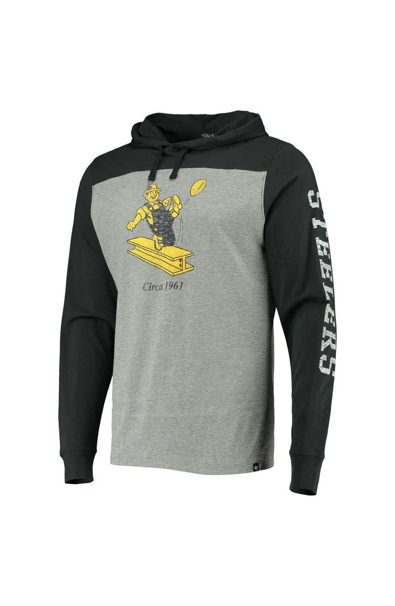'47 Men's '47 Heathered Gray Pittsburgh Steelers Franklin Wooster Throwback Long Sleeve Hoodie T-Shirt, Alternate, color, Heather Gray