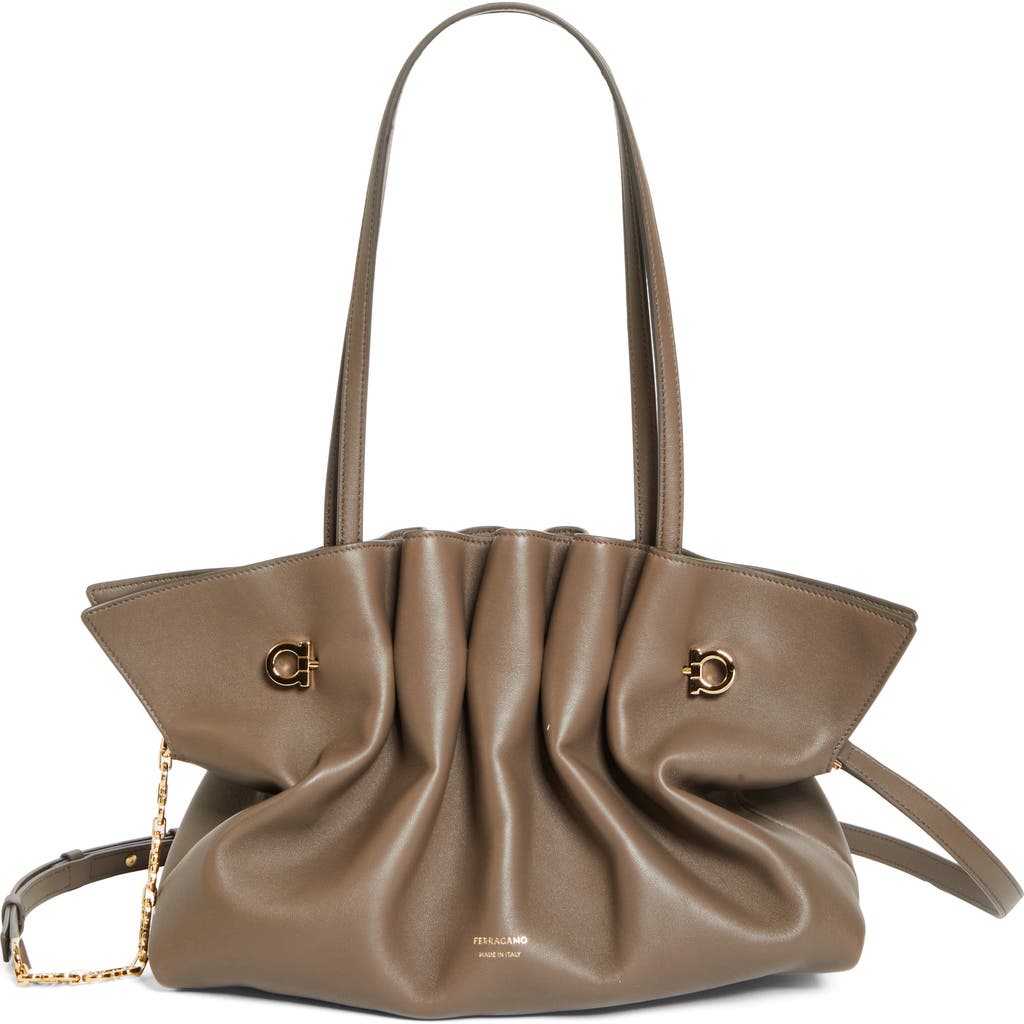 Ferragamo Medium Gancio Piercing Soft Leather Shoulder Bag In Concrete