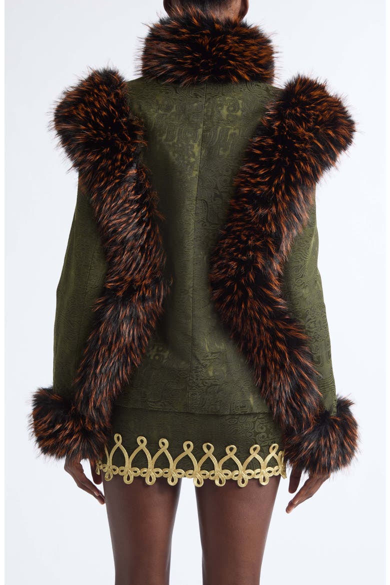 Faux Fur Trim Chinese Brocade Jacket, Alternate, color, ARMY GREEN