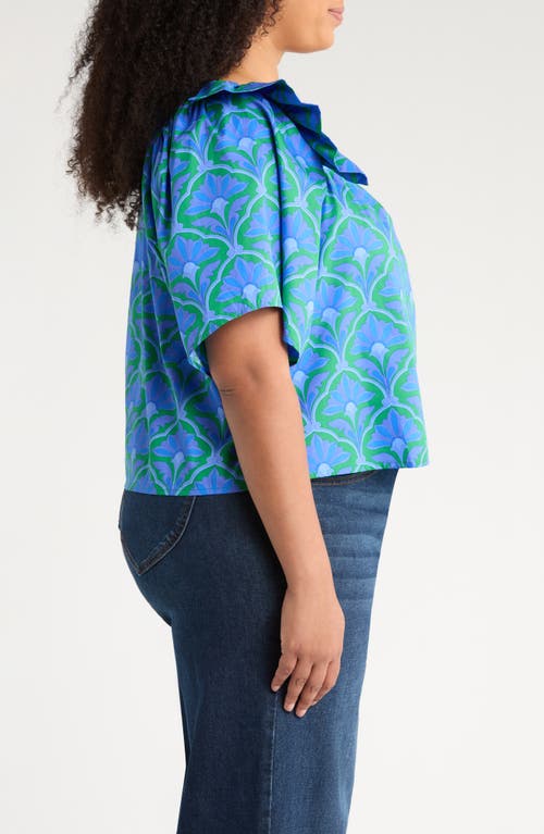 Sugarlips Sera Floral Careen Square Neck Cotton Poplin Top In Blue