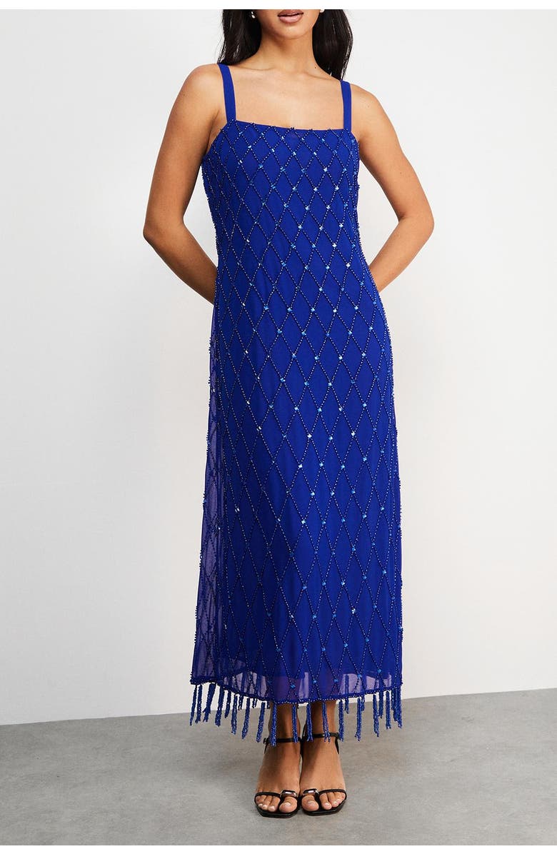 Warehouse Hand Embellished Fringe Hem Midi Dress, Alternate, color, Cobalt