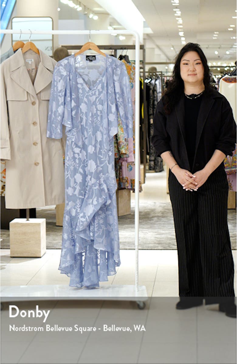 Metallic Floral High-Low Chiffon Jacquard Midi Dress with Jacket, sales video thumbnail