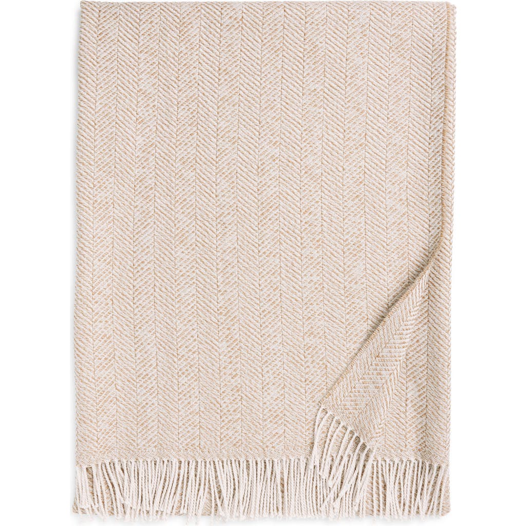 Johnstons of Elgin Textured Fringed Wool Herringbone Throw Blanket in Natural