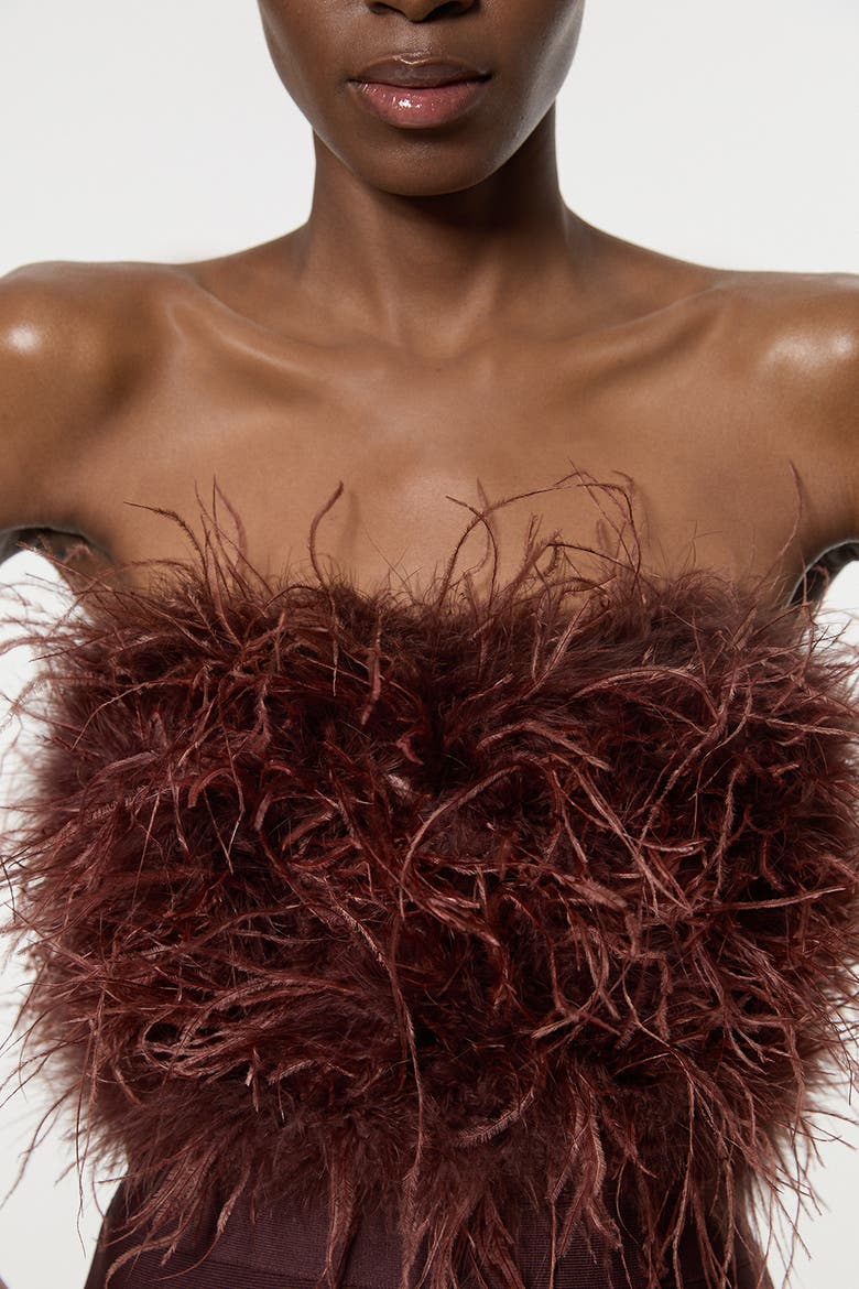 Feather Detail Bandeau Knit Midi Dress, Alternate, color, Chocolate
