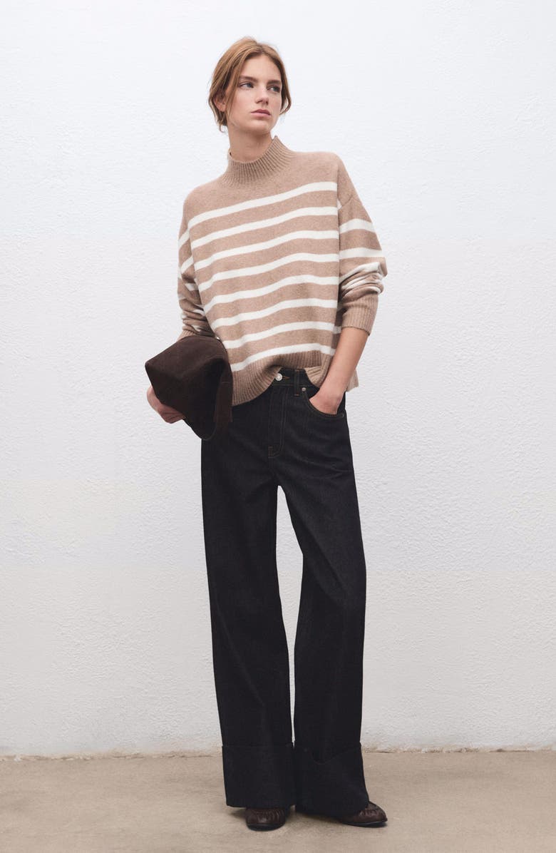 MANGO Oversize Stripe Mock Neck Sweater, Alternate, color, Light/ Pastel Beige