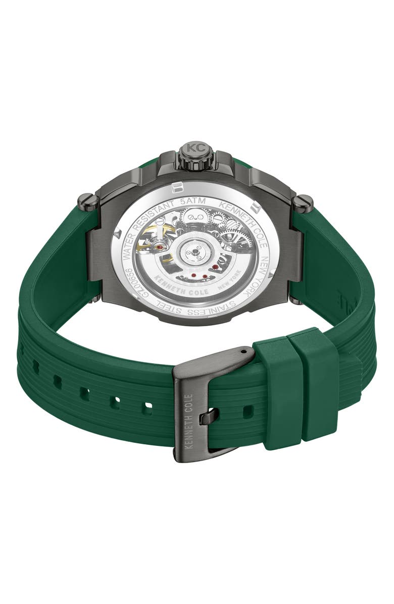 Kenneth Cole New York Skeleton Black Automatic Silicon Strap Watch, 42mm, Alternate, color, Green