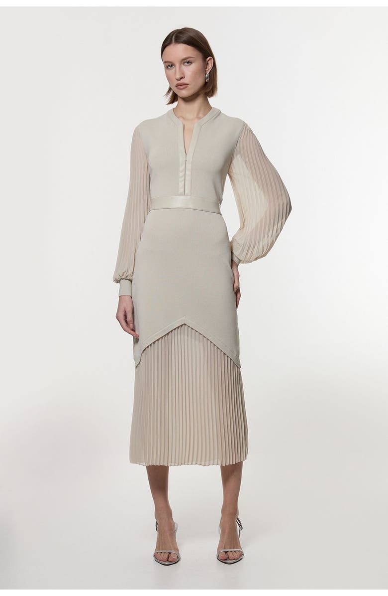 Karen Millen Petite Woven Sleeved Pleated Dress, Main, color, Stone