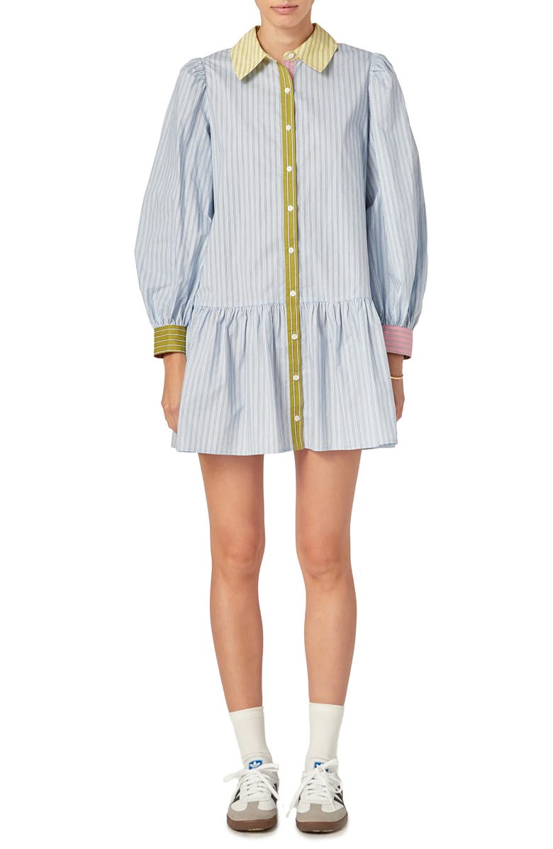English Factory Colorblock Stripe Long Sleeve Cotton Shirtdress, Main, color, Blue Multi