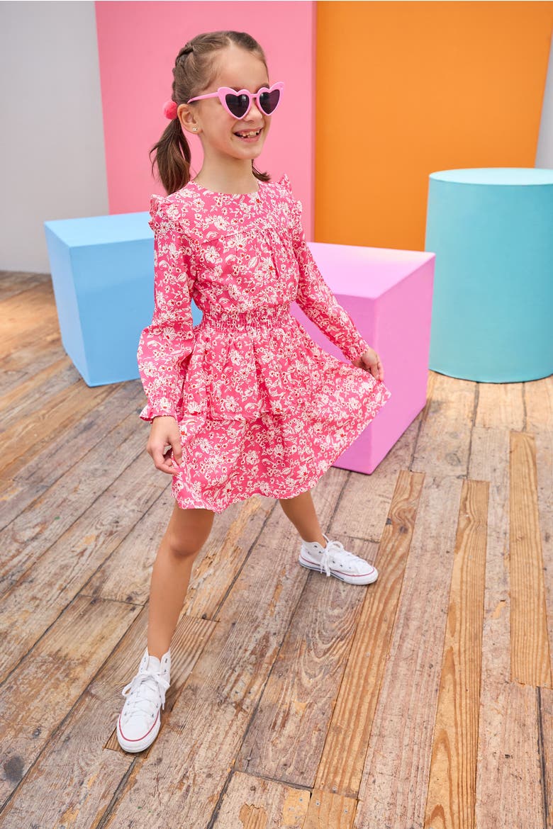 Kids' Floral Ruffle Carleton Dress, Alternate, color, Hot Pink Abstract Floral