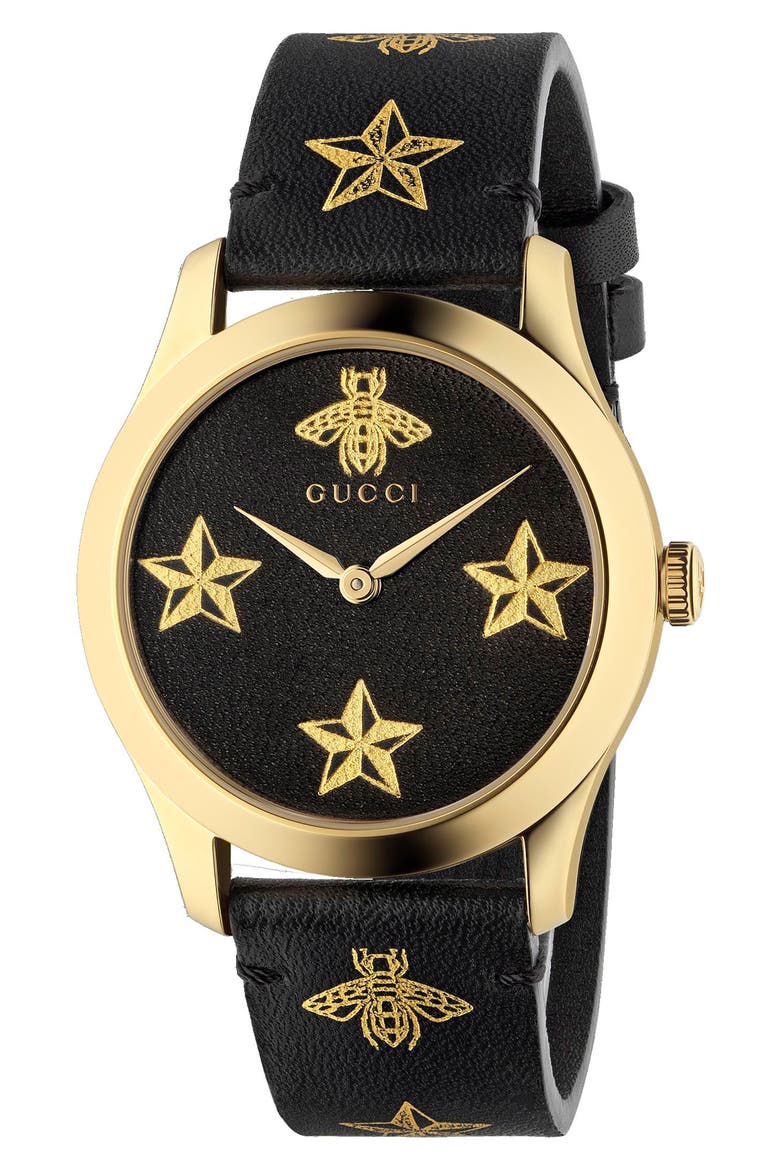 G-Timeless Leather Strap Watch, 36mm, Main, color, BLACK/ GOLD