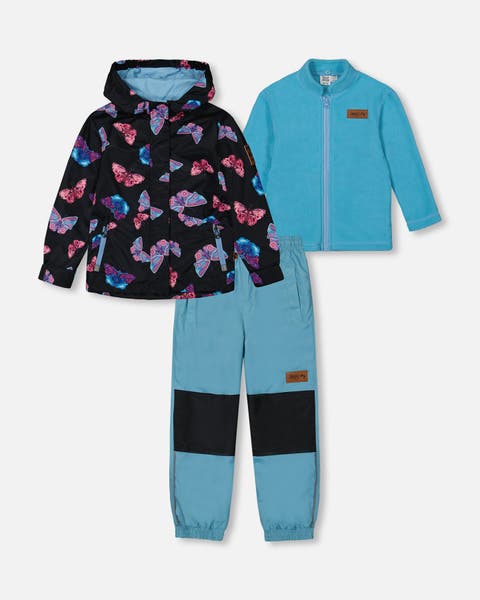 Little Girl's 3-In-1 Mid-Season Outerwear Set With Printed Jacket Light Blue And Multicolored Butterflies