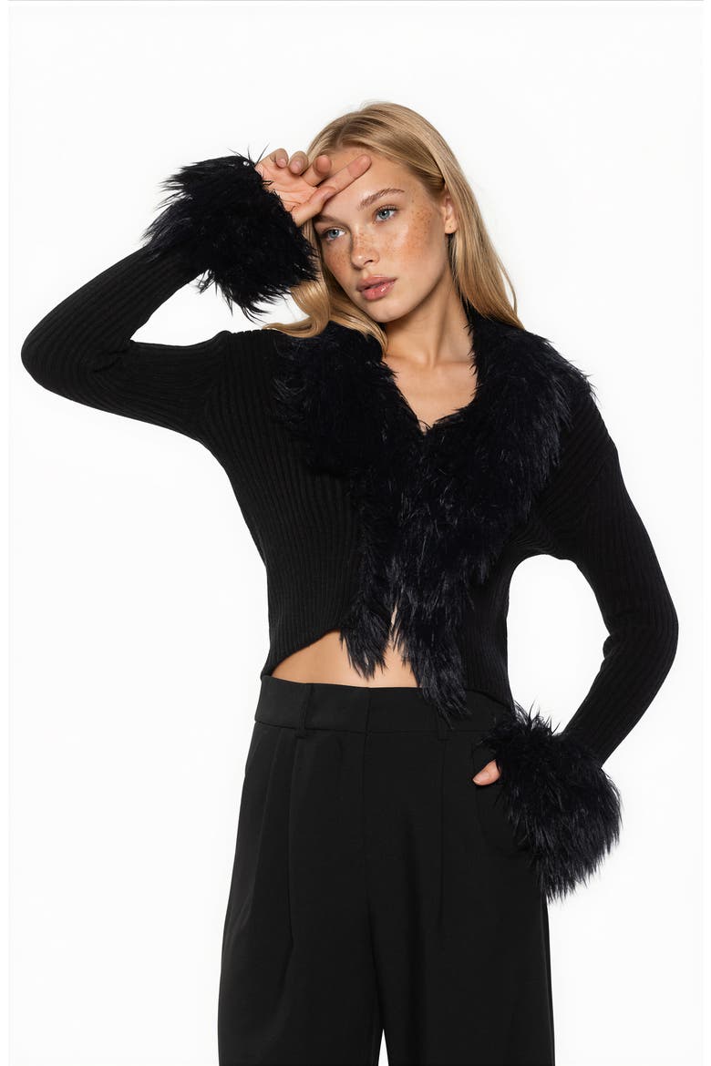 Kennedy Faux Fur Trim Sweater, Alternate, color, BLACK
