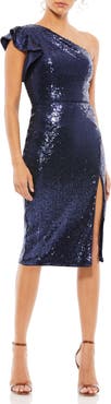 Mac Duggal Sequined Flutter One Shoulder Fitted Midi Dress