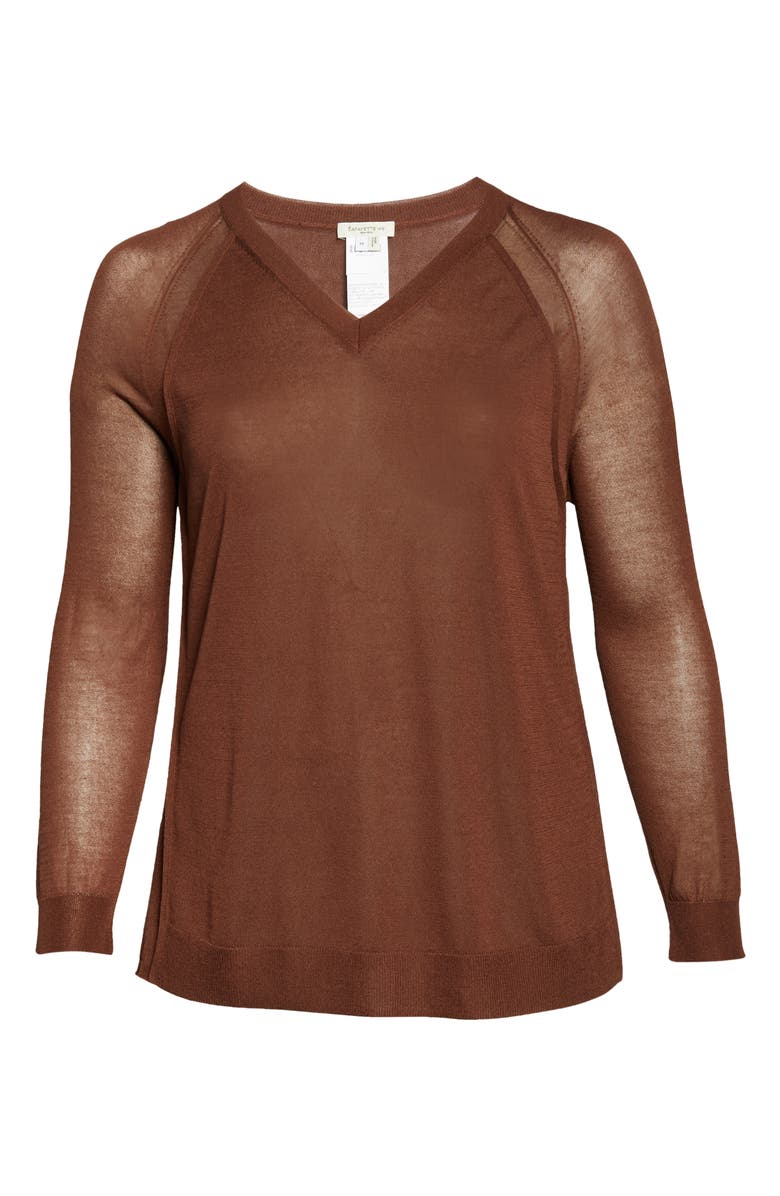 Lafayette 148 New York Sheer Sleeve V-Neck Sweater, Alternate, color, Copper Dust