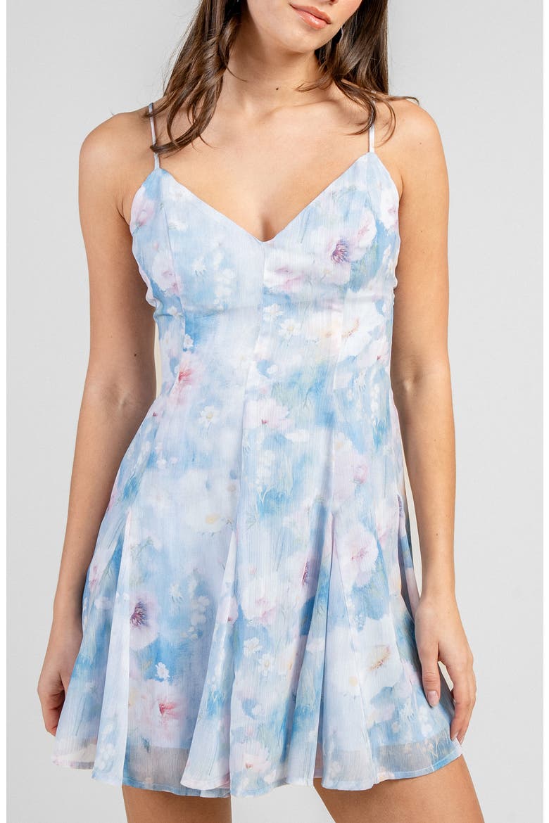 Floral Godet Fit and Flare Minidress, Main, color, BLUE
