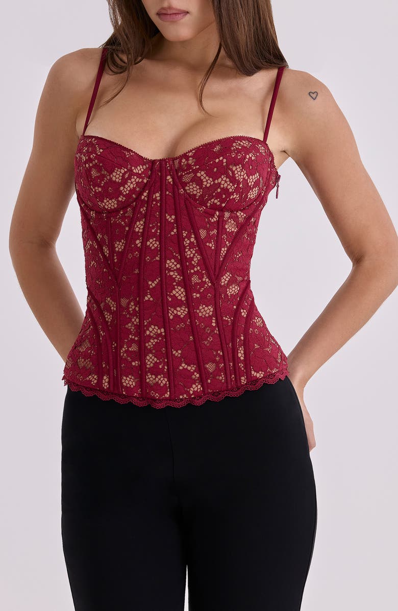 HOUSE OF CB Rania Wine Lace Corset Top, Main, color, Red