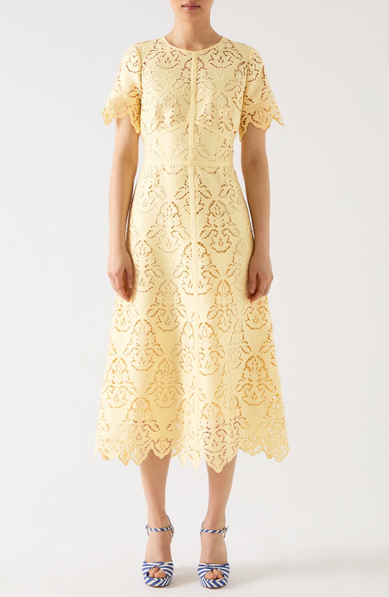 LK Bennett Georgia Short Sleeve Embroidered Cutout Midi Dress, Main, color, 