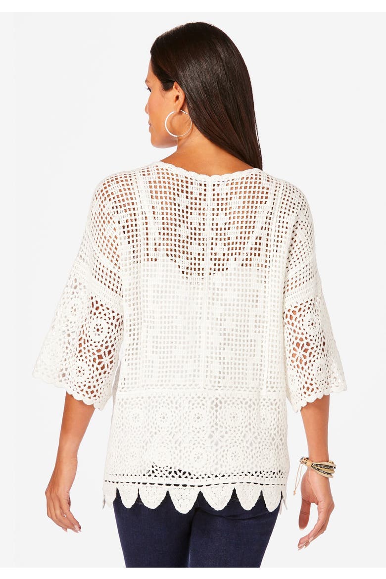 Plus Size Scallop Trim Crochet Cardigan, Alternate, color, WHITE
