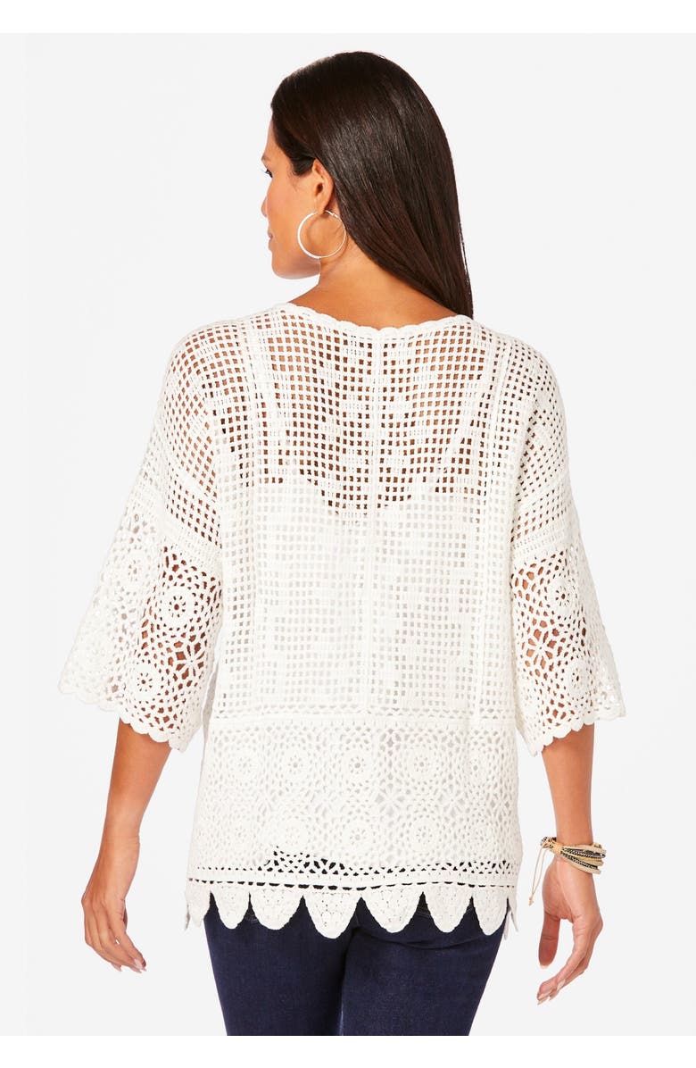 Roaman's Plus Size Scallop Trim Crochet Cardigan, Alternate, color, Black