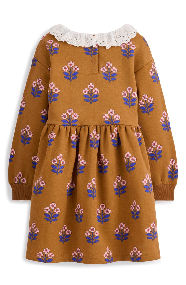 Mini Boden Kids' Frill Sweater Dress, Alternate, color, Toffee Brown Flower Stamp