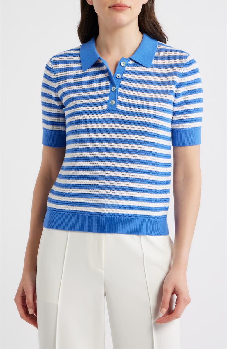 Elie Tahari The Elliot Stripe Polo Sweater, Main, color, Seaport Blue / Sky White