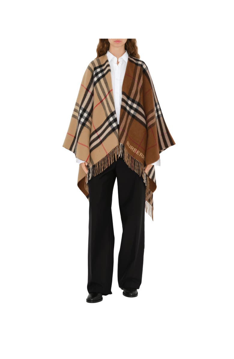 Burberry Contrast Check Wool Cashmere Cape, Alternate, color, Archive Beige/Dark Birch Brown