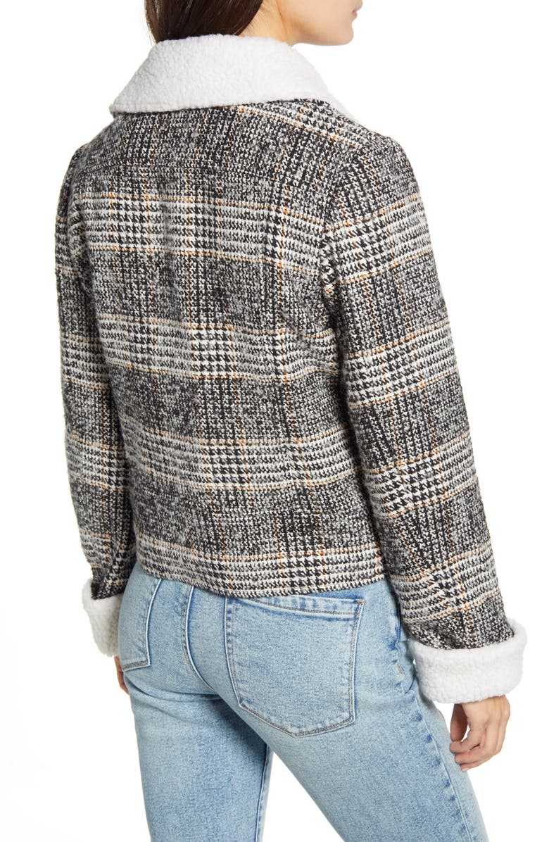 Maralyn & Me Faux Shearling Plaid Moto Jacket, Alternate, color, 