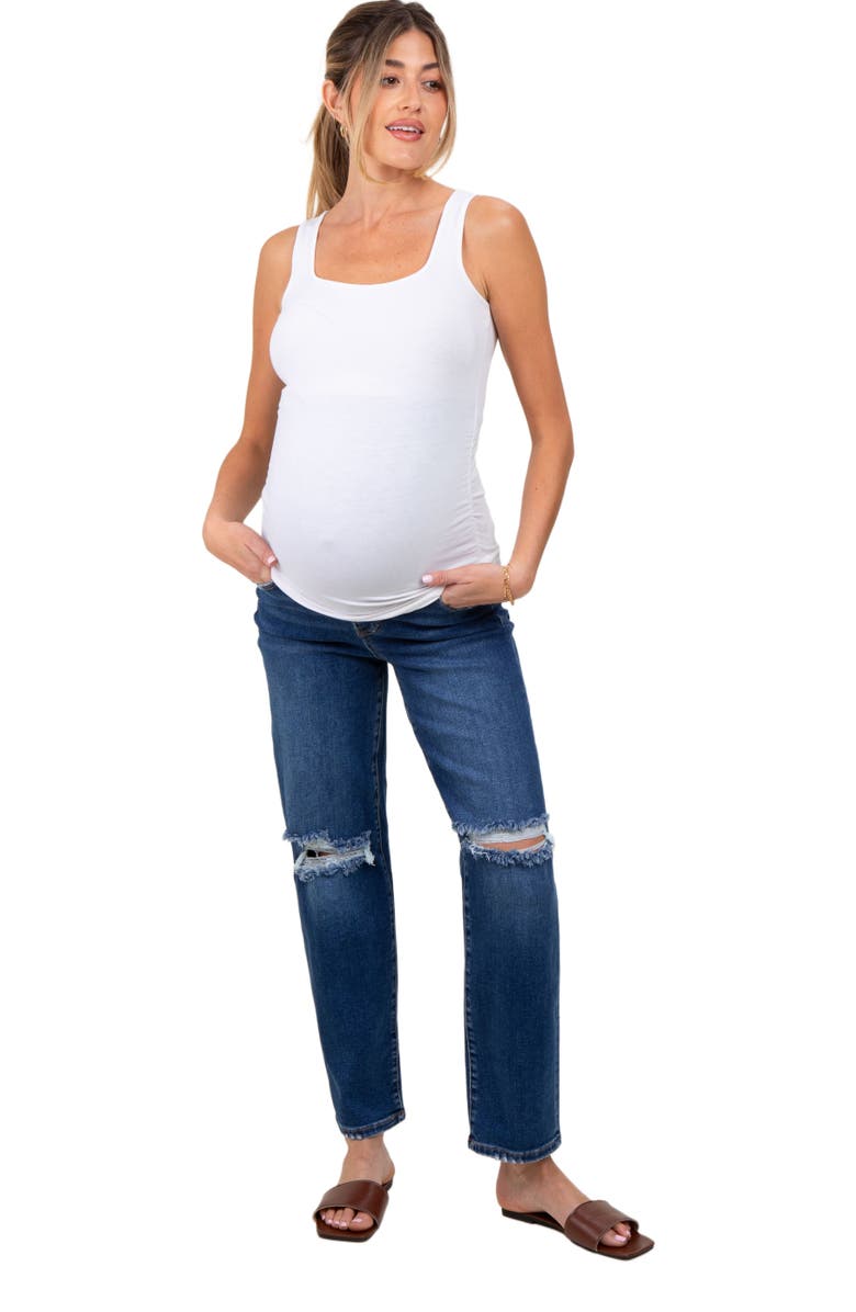 PinkBlush Distressed Open Knee Cropped Maternity Straight Leg Jeans, Alternate, color, Navy Blue