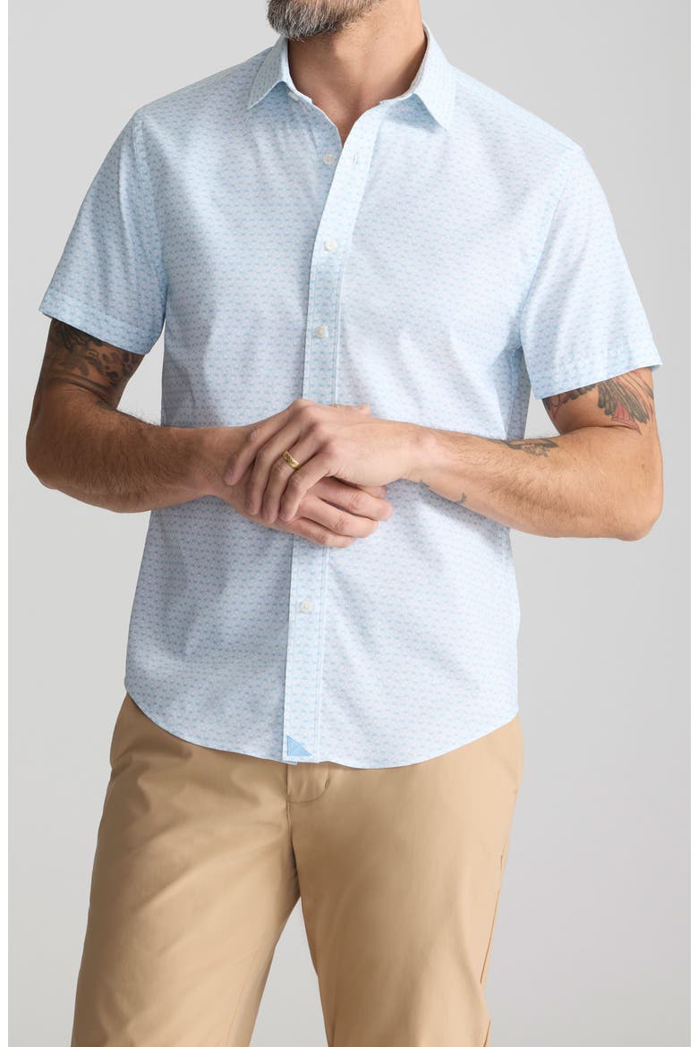 Crab Print Short Sleeve Performance Button-Up Shirt, Main, color, BLUE