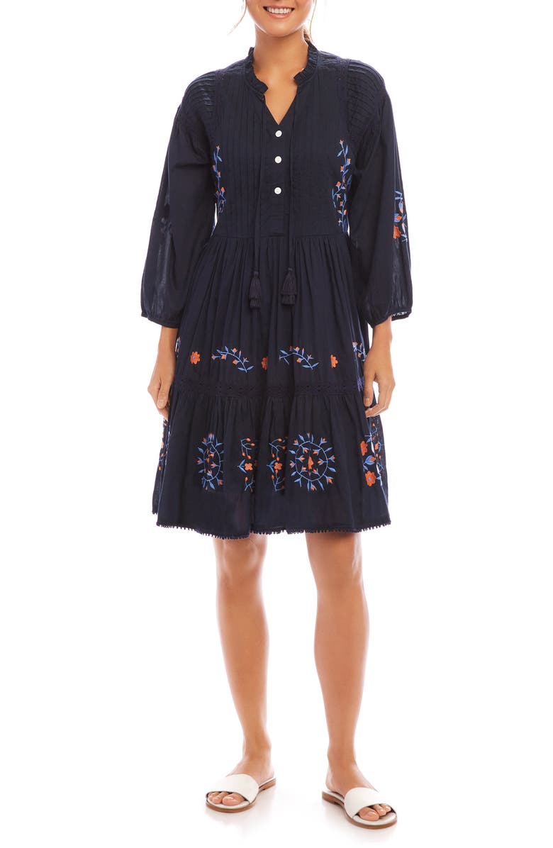 Karen Kane Floral Embroidered Pintuck Pleat Long Sleeve Dress, Main, color, 