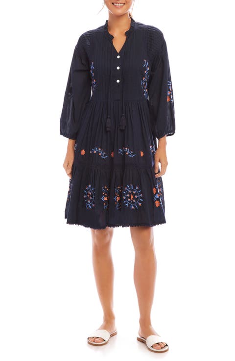 Floral Embroidered Pintuck Pleat Long Sleeve Dress