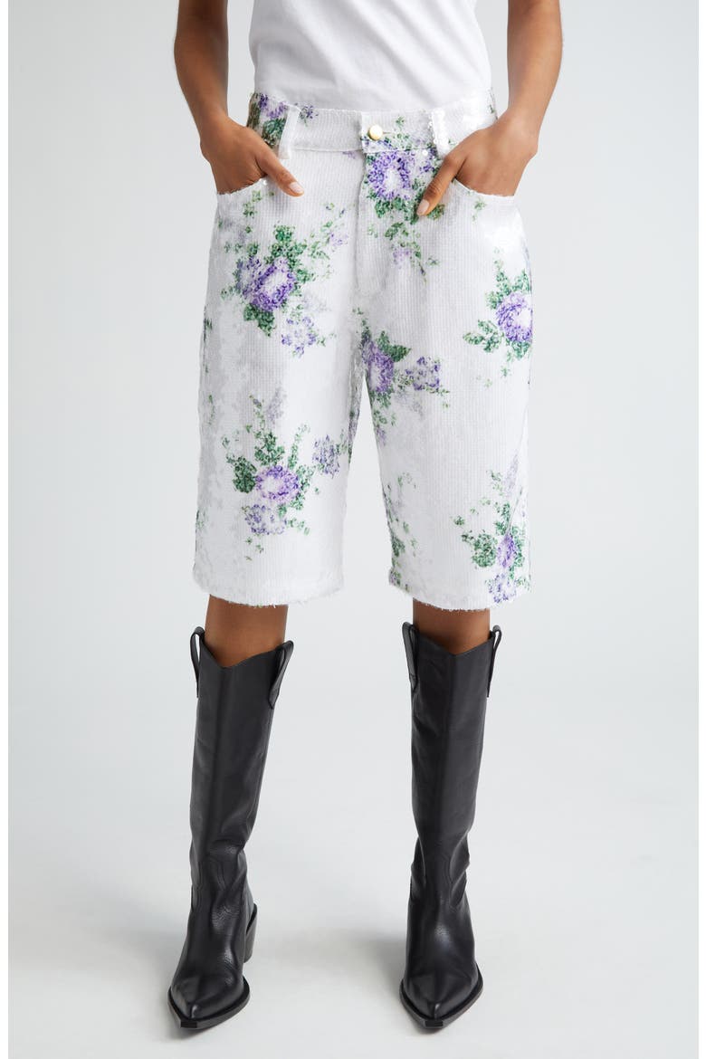Gender Inclusive Sid Floral Sequin Bermuda Shorts, Main, color, WHITE FLORAL SEQUIN