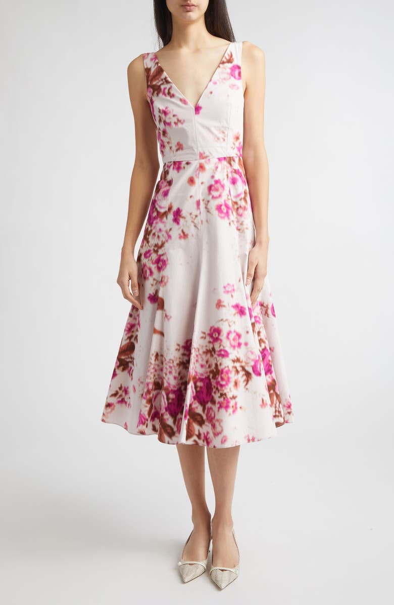 Erdem Floral Print Heavyweight Organic Cotton Poplin Fit & Flare Dress, Main, color, Rose Bouquet Hot Pink