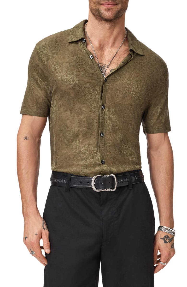 John Varvatos Biaggio Jacquard Mesh Short Sleeve Button-Up Shirt, Main, color, Eucalyptus
