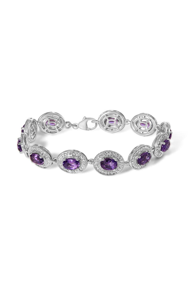 Sterling Silver 5x7 MM Oval Purple Amethyst & Diamond Halo Link Bracelet, Main, color, White