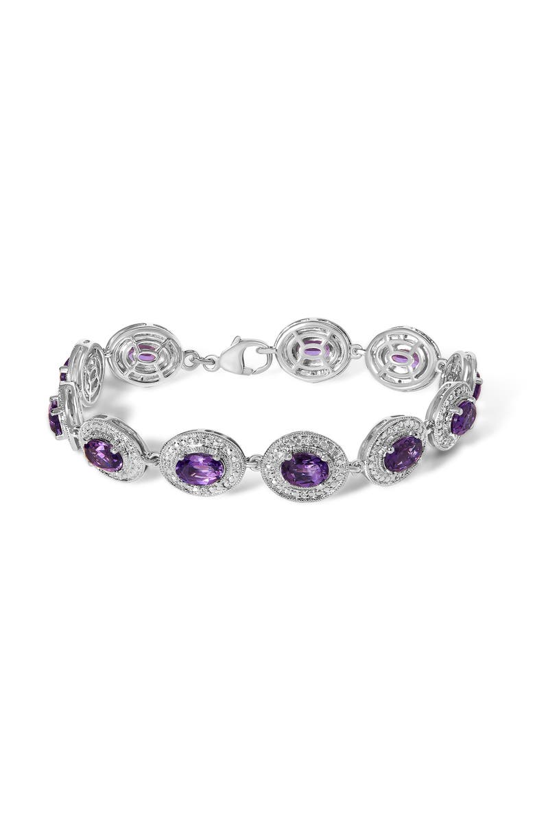 Haus of Brilliance Sterling Silver 5x7 MM Oval Purple Amethyst & Diamond Halo Link Bracelet, Main, color, White