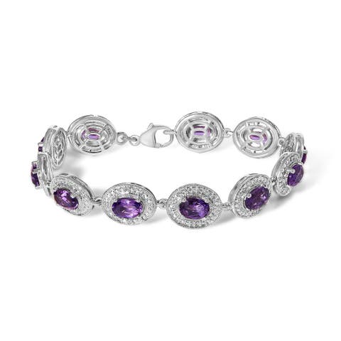 Sterling Silver 5x7 MM Oval Purple Amethyst & Diamond Halo Link Bracelet