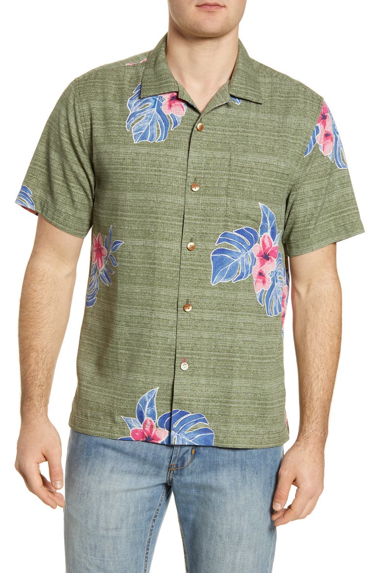Blooms Adrift Short Sleeve Silk Blend Button-Up Camp Shirt, Main, color, NEW GATOR