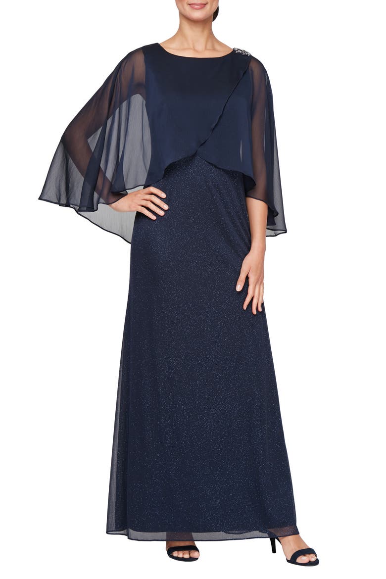Tulip Capelet Shimmer Gown, Main, color, NAVY