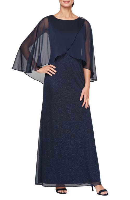 Shop Sl Fashions Tulip Capelet Shimmer Gown In Navy